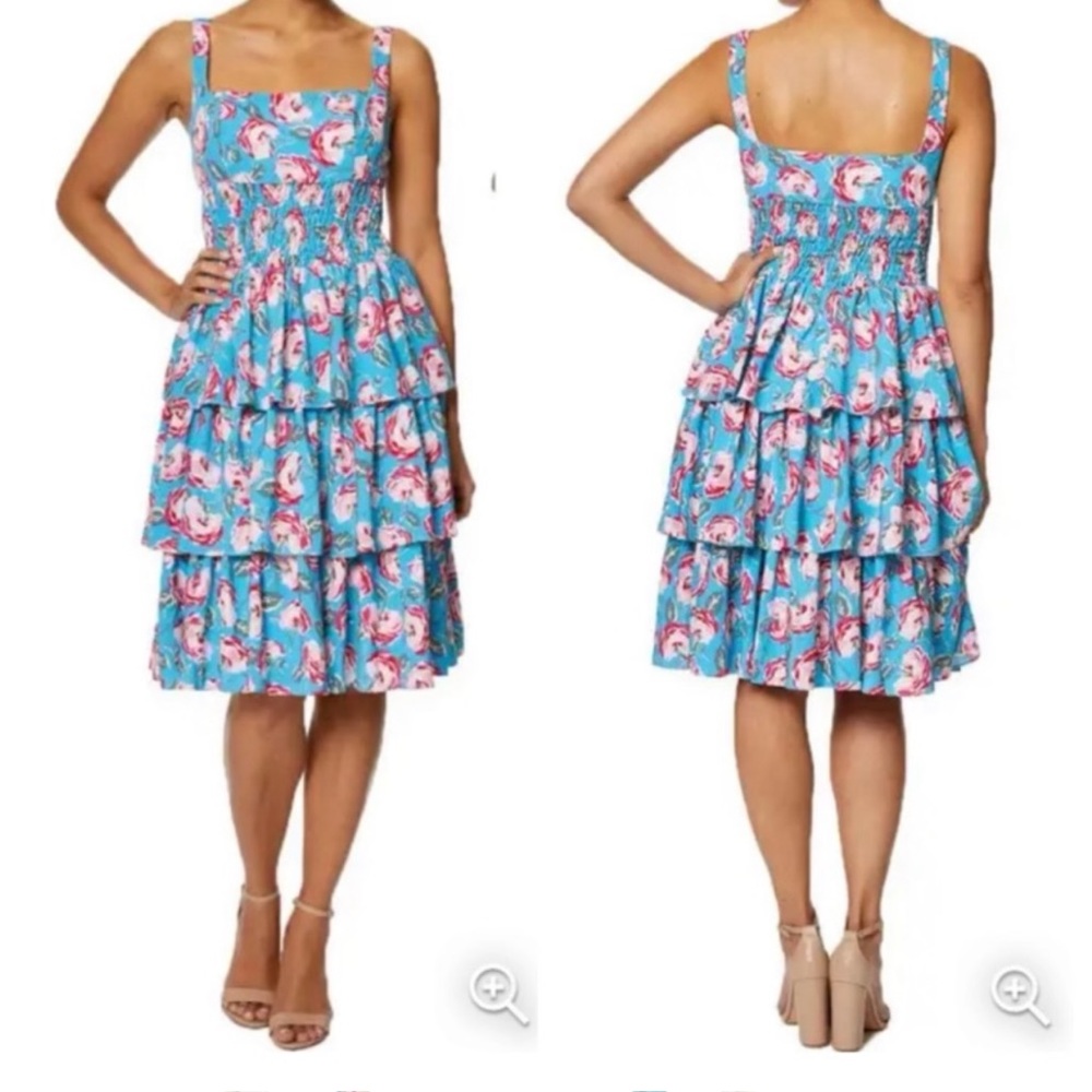 Betsey Johnson Aqua Floral Tiered Sundress with Pink Accents